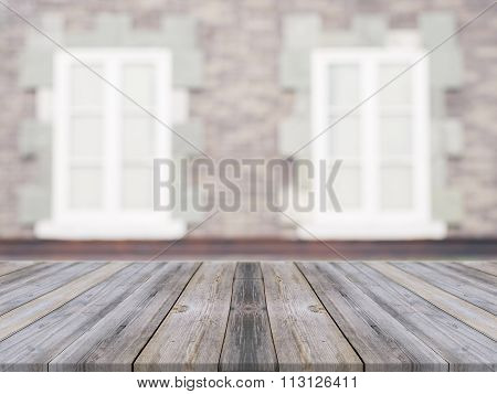 Wooden Board Empty Table In Front Of Blurred Background. Perspective Grey Wood Over Blur Ceramic Til