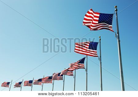 waving USA flags in a row