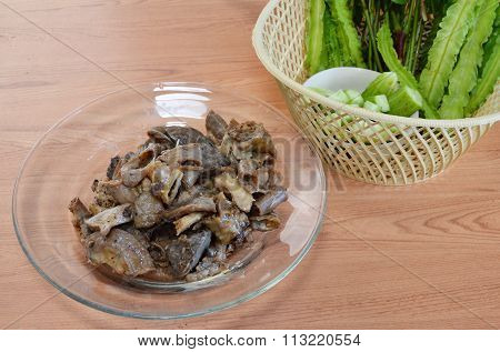 fried pork entrails with garlic and vegetable