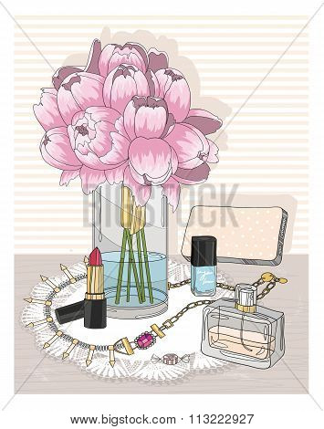 Fashion Essentials. Background With Jewellery, Perfume, Make Up And Flowers. Fashion Accessories.