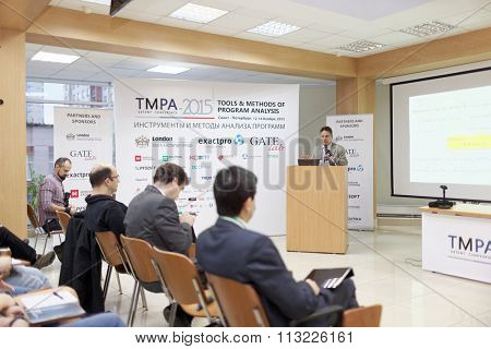 ST. PETERSBURG, RUSSIA - NOVEMBER 13, 2015: Creator of Eiffel programming language Bertrand Meyer at the conference Tools & Methods of Program Analysis in the Saint-Petersburg Polytechnic University