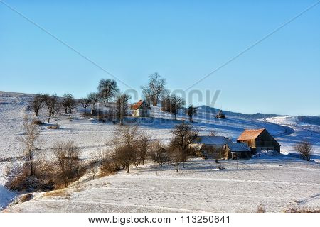 Frozen Sunny Day Of A Winter, On Wild Transylvania Hills. Holbav. Romania. Low Key, Dark Background,