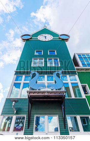 ZAANDAM, NETHERLANDS - SEPTEMBER 02, 2015: unique station tower in Zaandam. Together with the near Inntel Hotel it is an architectural ensemble, designed by WAM architects.