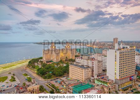 Beautiful view of Havana at sunset with a view of the Vedado neighborhood and the seaside buildings