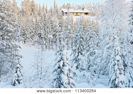 Cottage In A Hill Above The Snow Covered Forest In Ruka In Finland In The Arctic Pole Circle