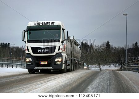 White MAN Tank Truck On Winter Bridge