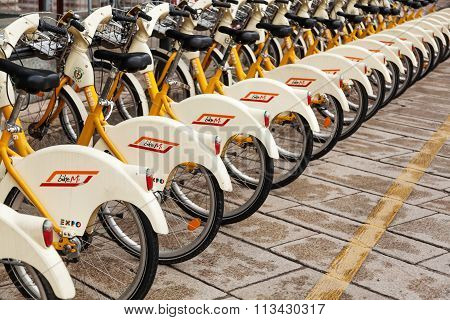 MILAN, ITALY - FEBRUARY 20: BikeMi bicycle station on February 20, 2014 in Milan. BikeMi is a bicycle sharing system in Milan with 3240 bicycles and 183 stations and more than 5000 users the day.