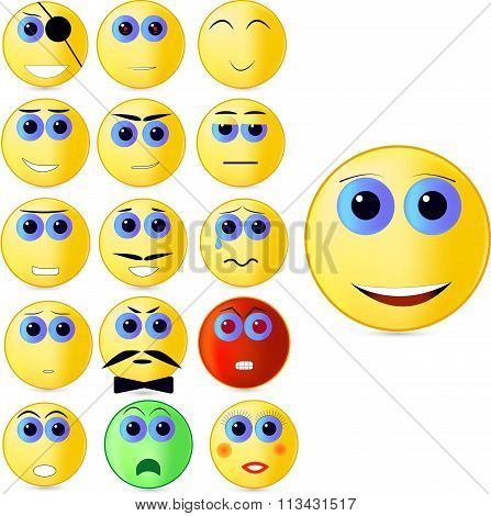 Vector illustration consisting of sixteen different emoticons depicting different emotions