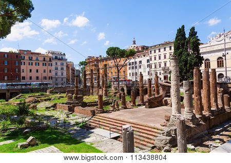 ROME - JULY 02: Largo di Torre Argentina with unidentified people on July 02, 2014 in Rome. It is a square that hosts four Republican Roman temples, and the remains of Pompeys Theatre.