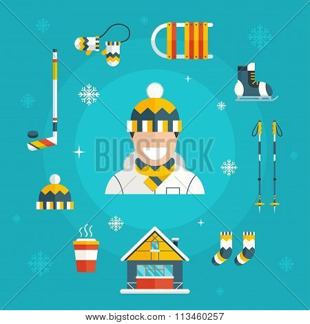 Winter Activity Set Icons With Man In Warm Cloth
