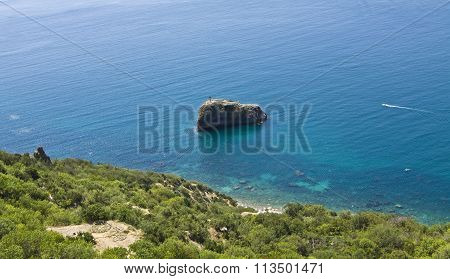 Sea landscape with rock in water recorded in palce Fiolent in region Crimea on Black sea.