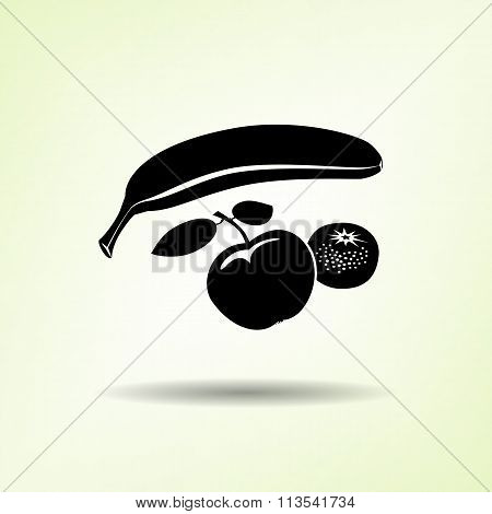 Banana, Mandarin icon. Four fruits. Black silhouette with shadow on light green backdround. Flat des