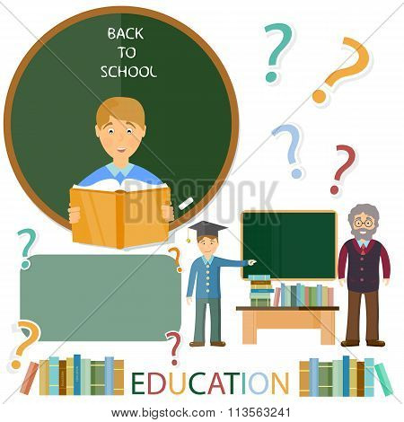 Education Concept. Schoolboy And Teacher. Questions And Answers
