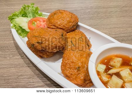 Thai Fried Fish-Paste Balls, Thai Style Fish Cake served with Thai cuc