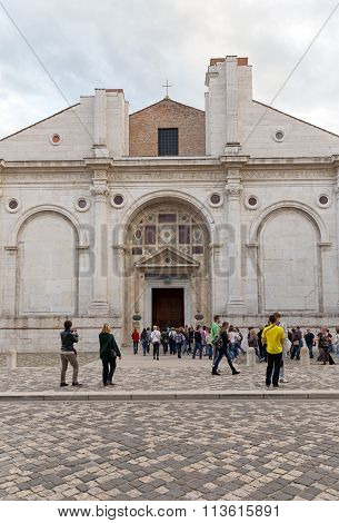 RIMINI ITALY - NOVEMBER 03 2013: The Tempio Malatestiano (Italian Malatesta Temple) is the cathedral church. Inside the famous Italian seaside resort of Rimini hotels over five hundred