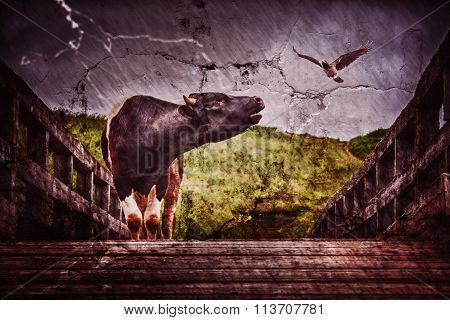 The bull bellows on the bridge.