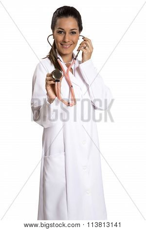 Female Doctor With A Sthetoscope Isolated Over A White Background