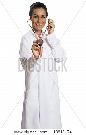 Female Doctor With A Sthetoscope Isolated Over A White Background