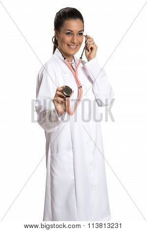 Female Doctor With A Sthetoscope Isolated Over A White Background