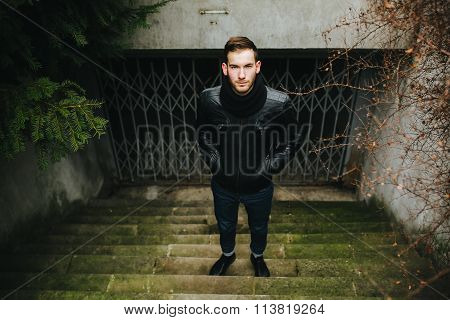 Confident man posing in selvedge  jeans