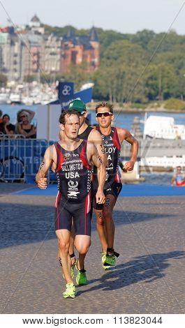 STOCKHOLM SWEDEN - AUG 23 2015: Tough fight between american running triathletes Billington and Maloy in the Men's ITU World Triathlon series event August 23 2015 in Stockholm Sweden