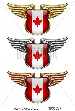 Gold, silver and bronze award signs with wings and Canada state flag