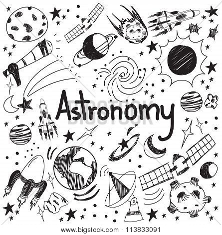 Astronomy Science Theory And Drawing Doodle Handwriting Icon Of Star Planet And Space Transportation