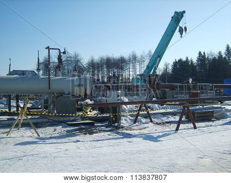 Russia, Yuzhno-Sakhalinsk - November 18, 2014: Platform of construction of pipelines. Booster pump station.