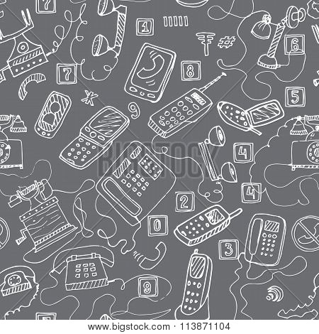 hand drawn telephones smartphone seamless vector pattern.