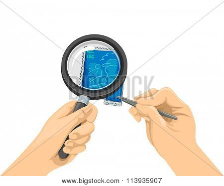 Illustration of a Stamp Collector Using a Magnifying Glass to View a Stamp