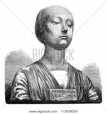 Beatrice of Aragon, marble bust of the fifteenth century, vintage engraved illustration. Magasin Pittoresque 1880.