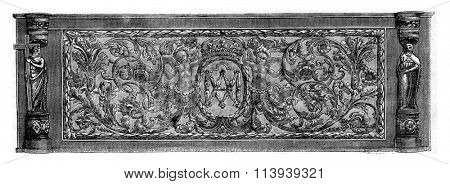 Facing the altar of the church of Esves-le-Moutier, vintage engraved illustration. Magasin Pittoresque 1876.