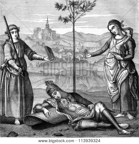 The Dream of the Knight by Raphael, at the National Gallery in London, vintage engraved illustration. Magasin Pittoresque 1877.