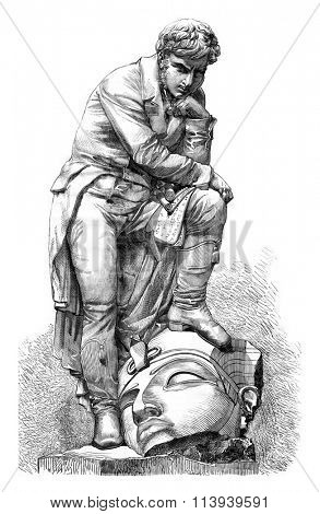 Champollion marble statue by Bartoldi, vintage engraved illustration. Magasin Pittoresque 1876.