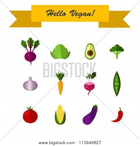 Illustration of vector flat design fruits and vegetables icons composition,tomato,cucumber,peach,car