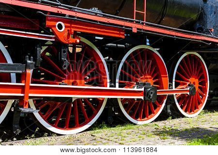 detail of steam locomotive in railway museum, Koscierzyna, Pomerania, Poland