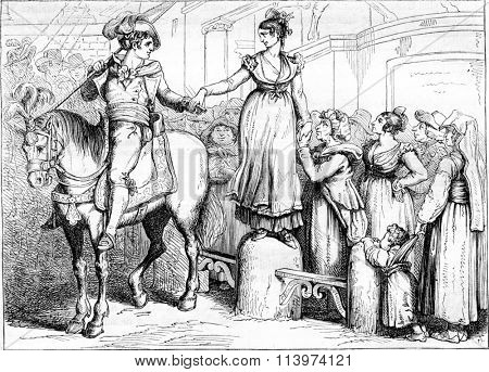 Meo Patacca winner in a tournament, the prize is a tribute Nuccia, vintage engraved illustration. Magasin Pittoresque 1857.