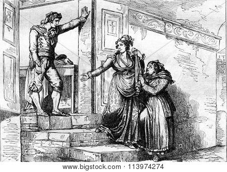 Nuccia tender farewell to Meo Patacca, vintage engraved illustration. Magasin Pittoresque 1857.