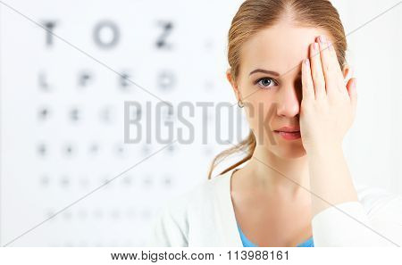 Eyesight Check. Woman  At Doctor Ophthalmologist Optician