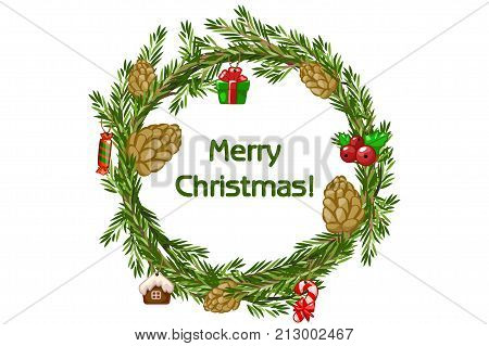 Cartoon vector Merry Christmas wreath, spruce with bigwigs and Christmas toys