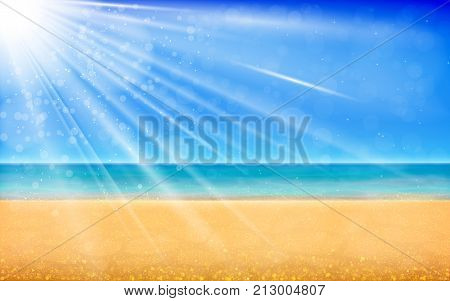 Tropical beach. Landscape with clear blue sky, ocean and warm sandy beach. Vector illustration for your graphic design.