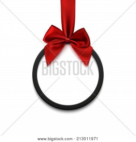 Black round banner with red ribbon and bow, on white background. Brochure, greeting card or banner template. Vector illustration.