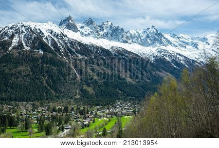 Panoramic view of Chamonix and Alps the highest and most extensive mountain range system that lies entirely in Europe