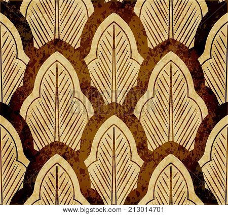 Retro Brown Watercolor Texture Grunge Seamless Background Oriental Curve Cross Leaf Chintz