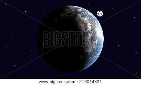 A realistic soccer ball is a space satellite of the earth Europe and Africa are clearly visible 3d rendering elements of image furnished by NASA