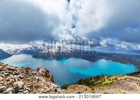 Hike to turquoise waters of picturesque Garibaldi Lake near Whistler, BC, Canada. Very popular hike destination in British Columbia.