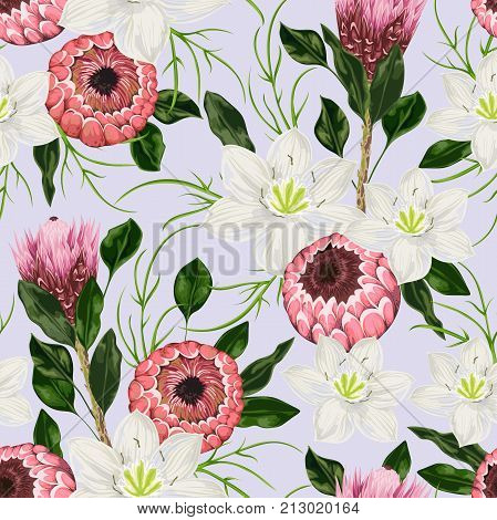 Seamless pattern with eucharis lily, protea flowers and leaves. Decorative holiday floral background. Vintage vector illustration in watercolor style