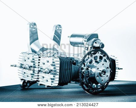 Piece of equipment of the aircraft engine closeup a aircraft engine detail blue colored