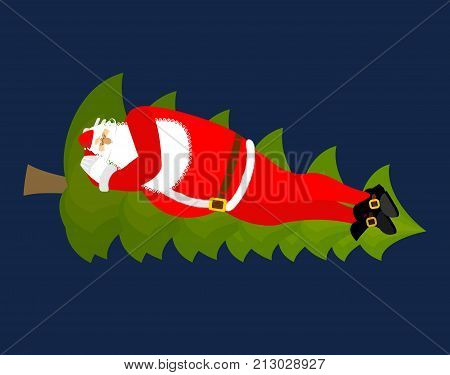 Santa Claus Sleep On Christmas Tree. Sleeping Grandfather. Christmas New Year Illustration
