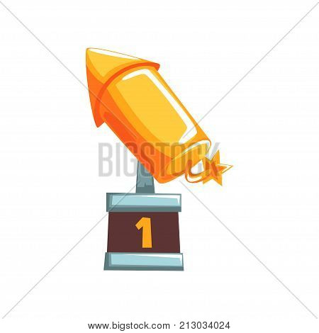 Original golden award in form of rocket with burning wick on brown base. First place symbol. Grand prize of competition in modern flat design. Cartoon vector illustration isolated on white background.